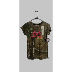 Realtree Women’s Camo T-Shirt Pink Logo Short Sleeve Cotton Blend Size S